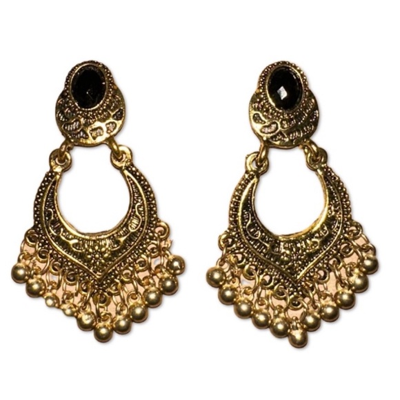 Boho Gold-Toned Statement Earrings with Black faux Onyx and chandelier accents - Picture 2 of 4